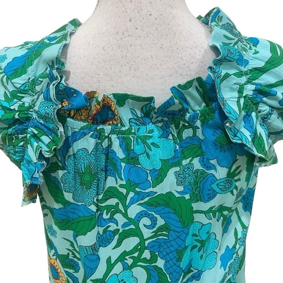 Figue Gianna drawstring ruffle top blouse self tie tassel floral turquoise sz xs - Picture 9 of 14